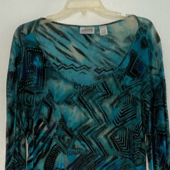 Chico Blue Abstract Geometric Long Sleeve Semi Sheer Stretch Top Black 1 M - Picture 3 of 5
